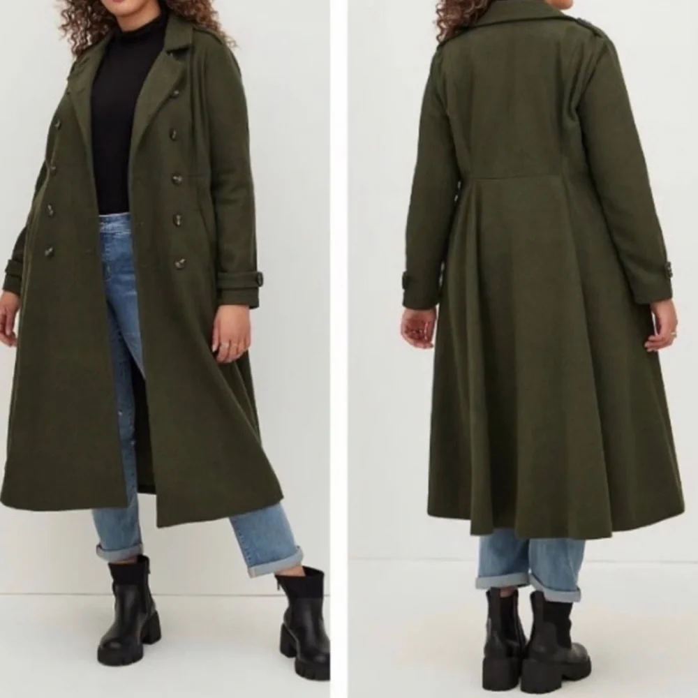 Torrid Olive Wool Military Fit Flare Trench Coat Size 4 - Picture 2 of 11